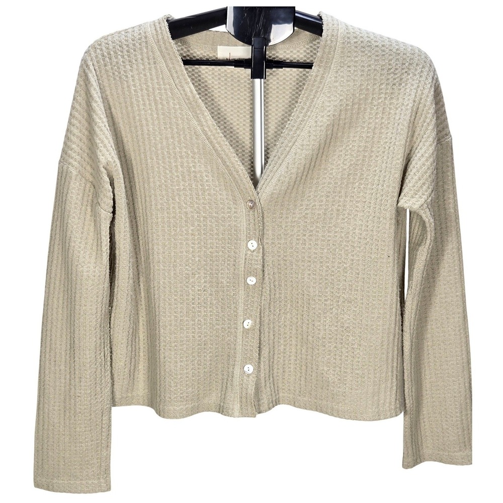 Women's Anthropologie Small Tan Waffle Knit V-Neck Button Front Cardigan